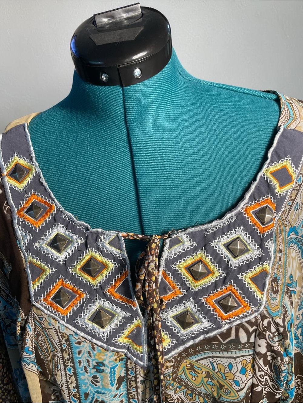 Boho Paisley Tie-Front Tunic Top - Brown & Blue
